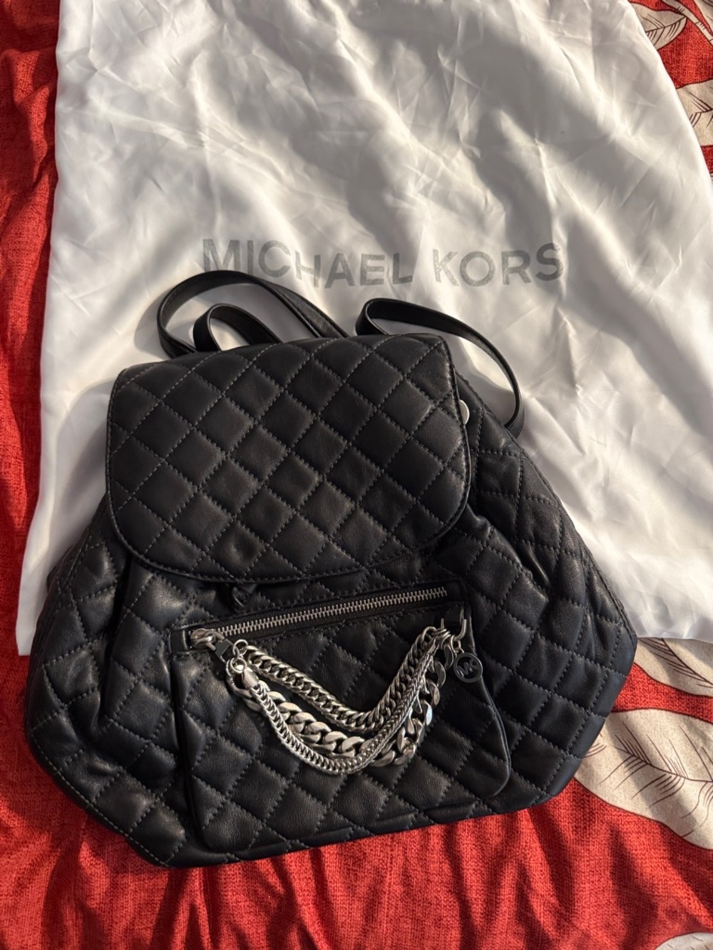 Michael Kors Black Quilted Leather Backpack with Silver Chain Accents